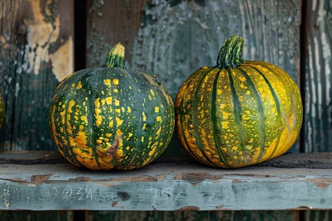 Two yellow and green pumpkins on wooden crate. Generative Ai, AI generated