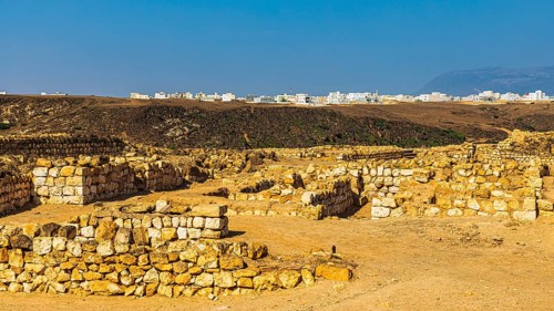 Ancient archaeological site of Sumhuram, near the city of Taqah, behind the modern houses of Taqah,