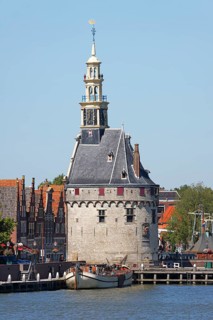 City view of Hoorn from the Markermeer, historic city centre with Hoofdtoren tower, Hoorn, North