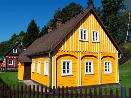 Yellow half-timbered house, villages and green landscape, Marenice, Lusatian Mountains, Bohemia,