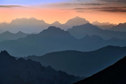 Fribourg Prealps and Bernese Alps at dawn, thunderstorm atmosphere, Cantons of Fribourg and Bern,