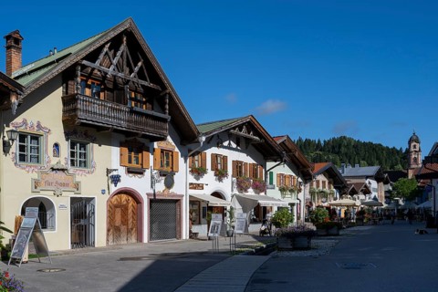 Typical Bavarian houses at Obermarkt, St Peter and Paul Catholic Church, Mittenwald, Werdenfelser