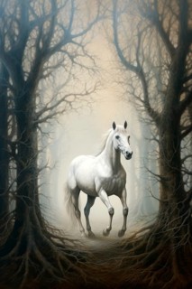 White horse in an imaginary forest, 19th century style, AI generated