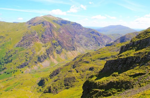 Looking down to Llanberis Pass from Mount Snowdon, Gwynedd, Snowdonia, north Wales, UK