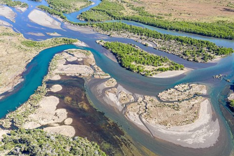 The widely branching arms of river Rio Ibanez, near Villa Cerro Castillo, aerial view, early