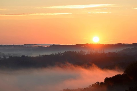 Sunrise, fog rising over the Arnsberg Forest nature park Park, North Rhine-Westphalia, Germany,