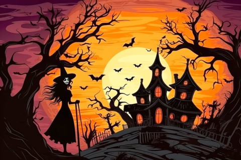 Year 60s and 70s Halloween poster with a witch and a fairy tale house under full moon, Bats flying