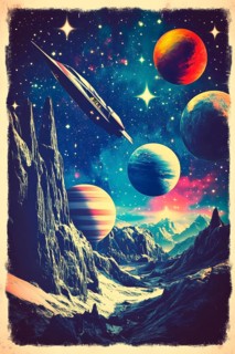 Vintage poster from the 60s and 70s representing a spaceship, AI generated