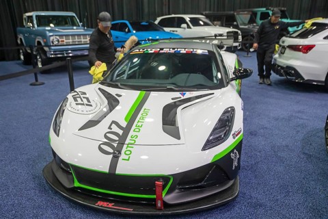 Detroit, Michigan USA - 10 January 2025 - A Lotus among luxury cars on display at The Gallery, a
