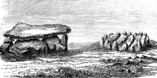 Barrow with capstone and stone circle, history of prehistoric mankind, historical illustration 1880