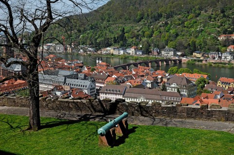 View from the castle to Heidelberg with old bridge and the Neckar in front old cannon, castle
