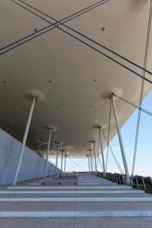 Stairs to the viewing terrace under a floating flat roof, cultural centre of the Stavros Niarchos