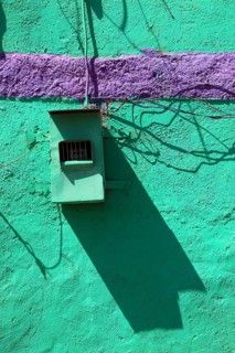 Colourful house wall, turquoise and purple, electrical wiring, Ethiopia, Africa