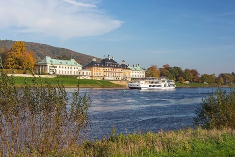 Excursion steamer Gräfin Cosel in front of the water palace of Pillnitz Castle, seen across the