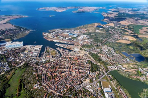 Aerial view, Wismar, centre, town, harbour, shipyard, Poel, Baltic Sea, bay