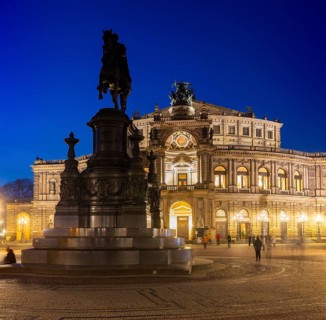 Semperoper am Theaterplatz with King Johann monument in the evening, Dresden, Saxony, Germany,
