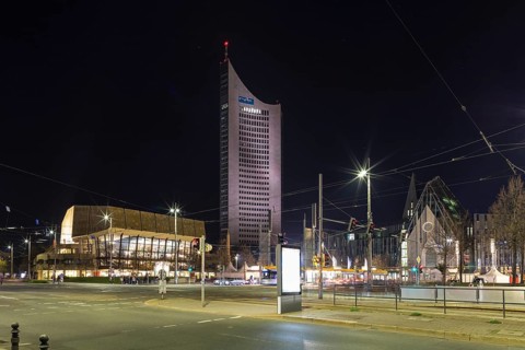 Augustusplatz at night with Gewandhaus, City-Hochhaus, Neues Augusteum, Paulinum and University