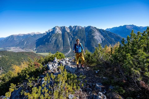 Mountaineer on a hiking trail between mountain pines, autumnal mountain landscape, ascent to the