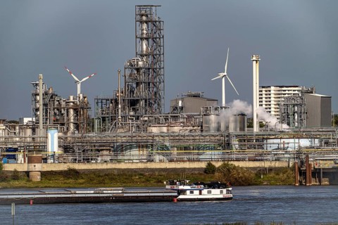 Cargo ship on the Rhine near Emmerich, Kao Chemicals backdrop, specialising in surfactants, KLK,