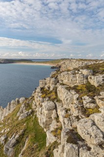 Rocky coast of Camaret-sur-Mer in the Finistère department in northwestern France, with a partly