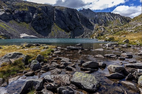 Lake Sassolo, Lago di Sassolo, behind Ticino mountains, Sambuco valley, Vale Sambuco, near Fusio,