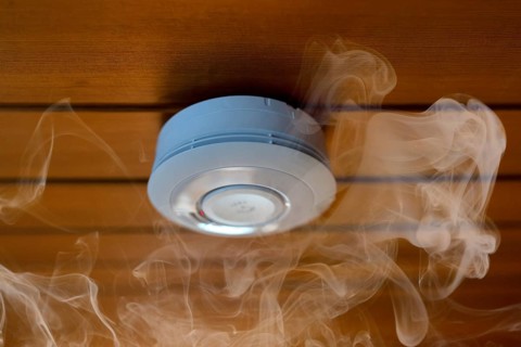 Red light, alarm, warning, home smoke detector, battery-operated smoke detector, smoke, wooden