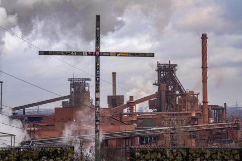 The Thyssenkrupp Steel steelworks in Duisburg-Marxloh, on the Rhine, coking plant unloading tower,