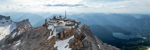 Alpine panorama, mountain station of the Zugspitzbahn, Zugspitze and Zugspitzplatt with glacier,