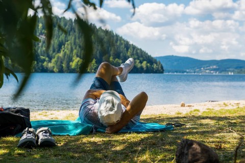 Bathing area and beach, Seebrugg, Schluchsee, Black Forest, Baden-Württemberg, Germany, Europe