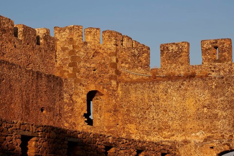 Evening light, courtyard, corner tower, battlements, Frangokastello, Venetian fortress, castle,