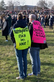 Demonstrators with banner on the topic of remigration, large demonstration against right-wing