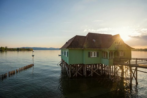 Aeschacher Bad, bathhouse, historic pile dwelling, Lindau, Lake Constance, Bavaria, Germany, Europe