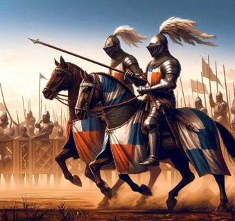 Two medieval knights ride on horseback in armour, helmet and with a lance to a jousting tournament,