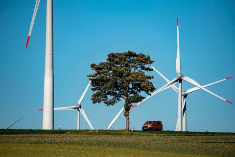 Wind farm near Lichtenau, wind turbines, country road, Driburger Straße, North Rhine-Westphalia,