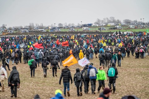 Many thousands of demonstrators march after a demonstration against the demolition of the lignite