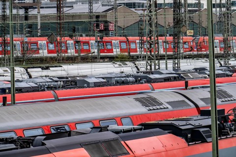 Local trains on the track in front of Frankfurt am Main Central Station, Skyline, Hesse, Germany,