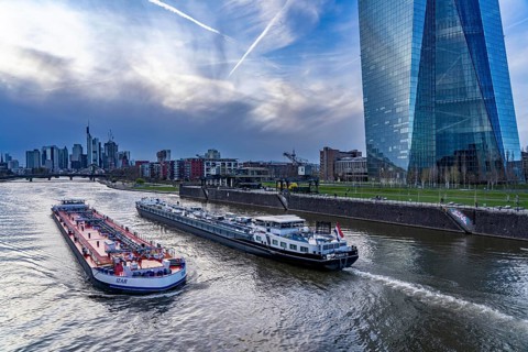 Skyline of Frankfurt am Main, skyscrapers, business and banking district in the city centre, cargo