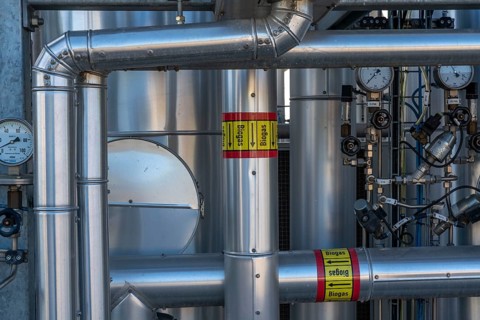 Biogas upgrading plant, purification of biogas from organic waste, green waste and contents of the