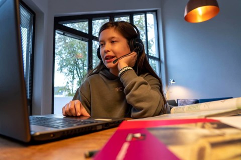 Homeschooling, girl, 11 years old, learns at home, home learning, lessons at home, distance