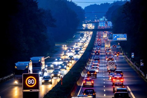 Motorway A40, Ruhrschnellweg, near Bochum, heavy evening traffic, in front of the motorway junction