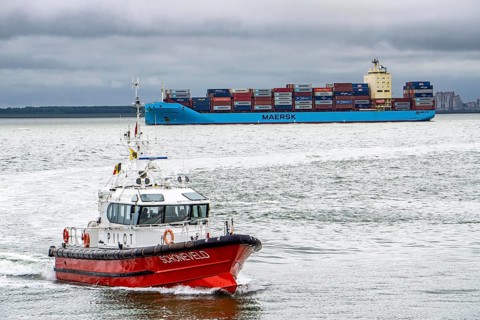 The Belgian pilot boat Schonefeld enters the Pilot Boat harbour of Vlissingen, has dropped off a