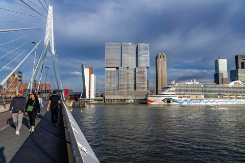 Rotterdam, skyline at the Nieuwe Maas, Erasmus Bridge, skyscrapers at the Kop van Zuid district,