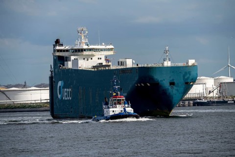 Shipping traffic, Europoort harbour, Calandkanaal, car transporter UECC Autosky