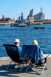 Pier, shore at Nordre Toldbod, deckchairs, harbour, at Langelinie Park, Copenhagen, Denmark, Europe