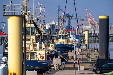 Harbour tugs, tugboats, bowser, at the pier at Columbuskaje, harbour cranes, historic Pingelturm,