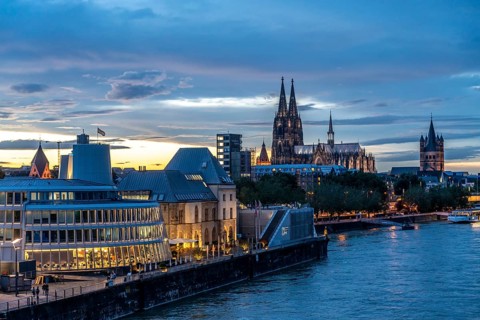 Skyline with Cologne Cathedral, Groß St. Martin Catholic Church, Chocolate Museum, Sunset, Rhine,