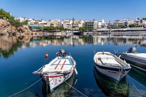 The village of Agios Nikolaos, in the eastern part of Crete, view over Lake Voulismeni, connected
