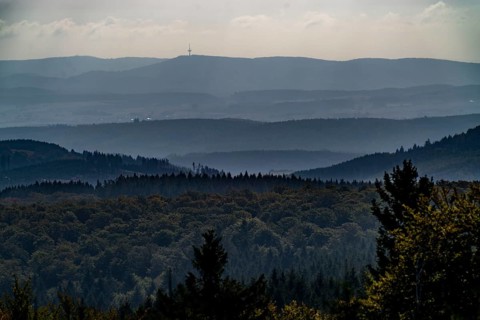 View from Kahlen Asten mountain, to the east, forest landscape in Hochsauerlandkreis, Hochheide,