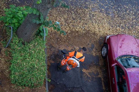 Street cleaning, an employee of the municipal city cleaning service, cleans pavements and parking