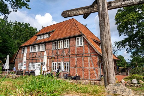 The village of Wilseder, old farms, in the Lüneburg Heath nature reserve, Lower Saxony, Germany,
